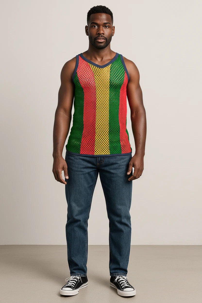 Rasta-3 Rasta String Vest Mesh Mens Crochet Cotton Gym Vests Training Tank Top FishNet