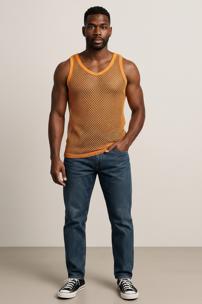 Yellow String Vest. Classic Cotton Mesh String Vests. Muscle Vest in Yellow, Fishnet Gym Workout tops.