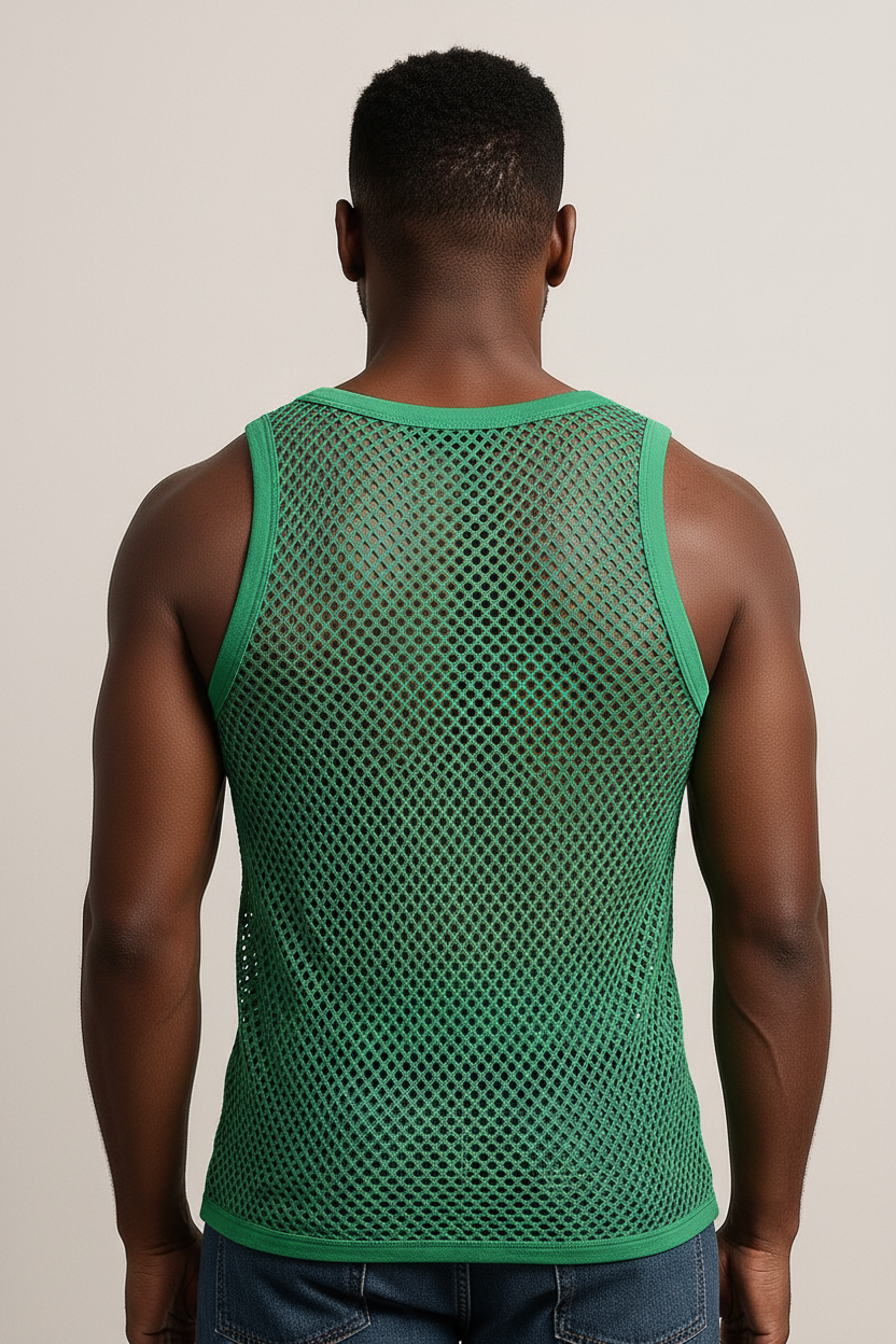 Green String Vest. Classic Cotton Mesh String Vests. Muscle Vest in Green, Fishnet Gym Workout tops.