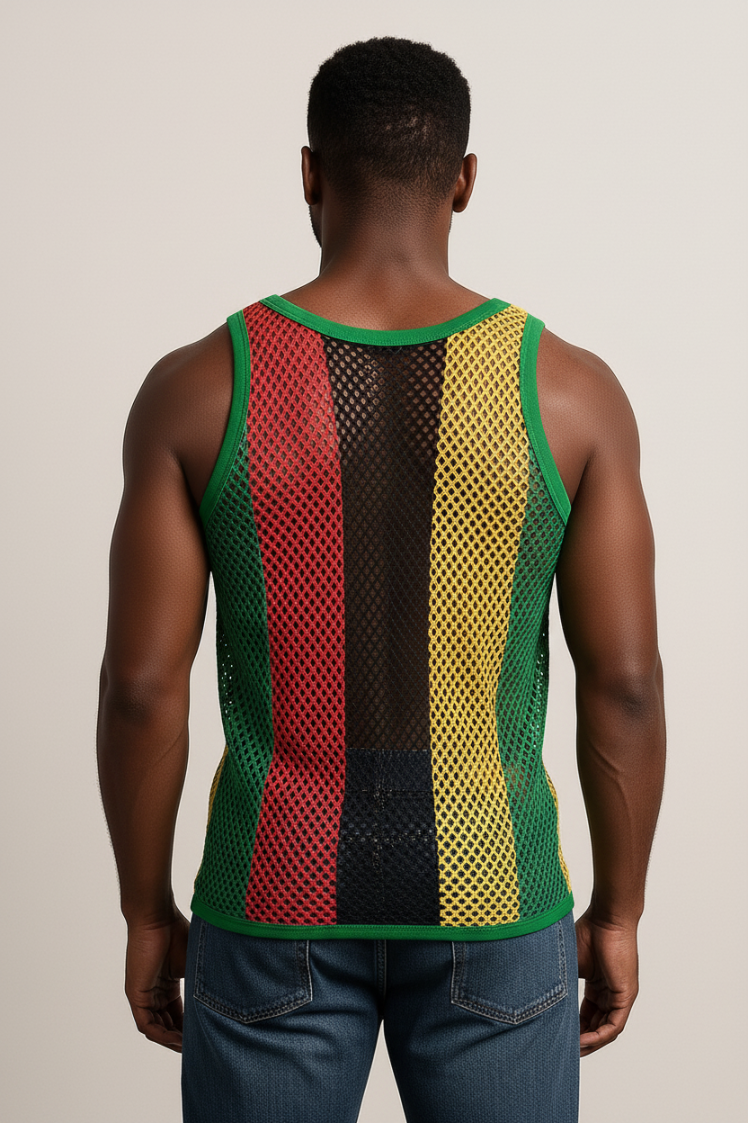 Rasta String Vest in Muscle Vests Reggae Fishnet Vests for Men With Green Trim