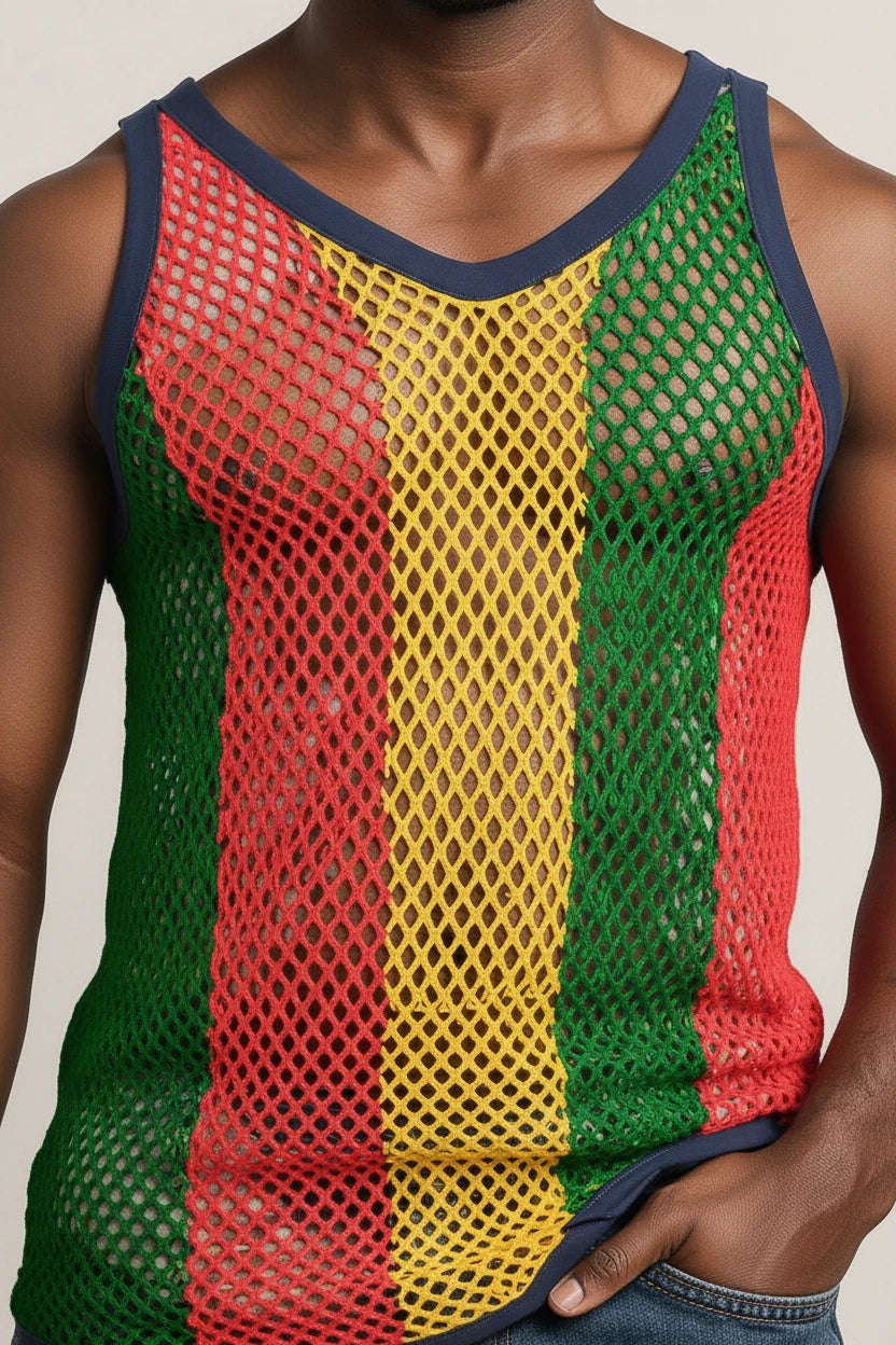 Rasta-3 Rasta String Vest Mesh Mens Crochet Cotton Gym Vests Training Tank Top FishNet
