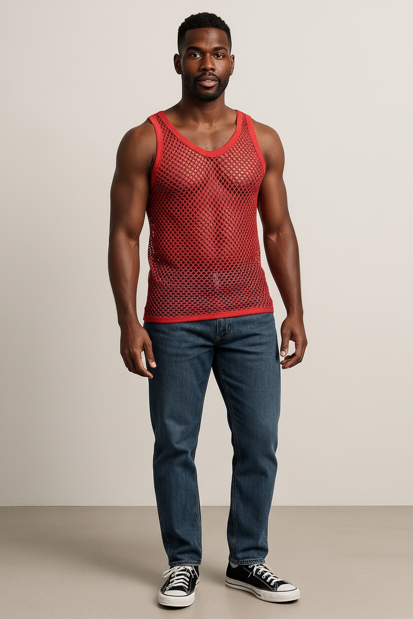 Red String Vest. Classic Cotton Mesh String Vests. Muscle Vest in Red, Fishnet Gym Workout tops.