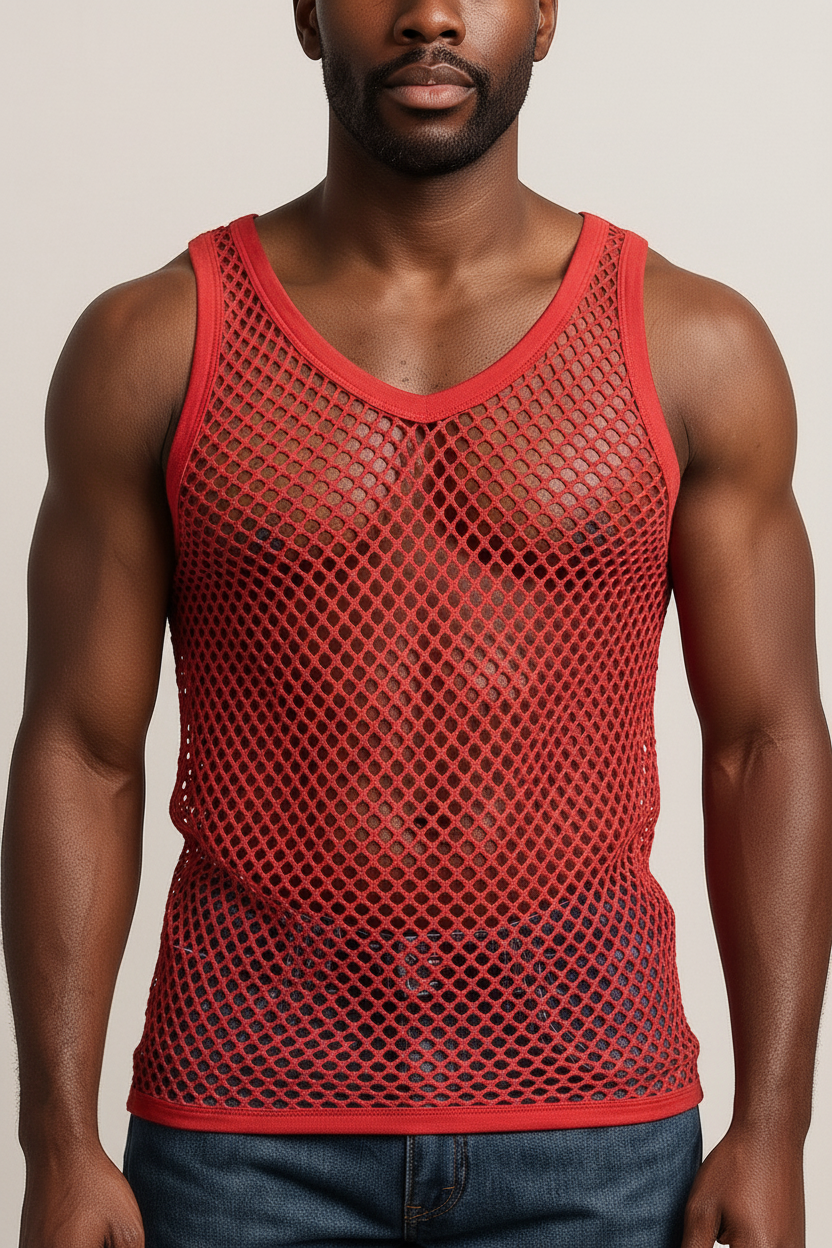 Red String Vest. Classic Cotton Mesh String Vests. Muscle Vest in Red, Fishnet Gym Workout tops.