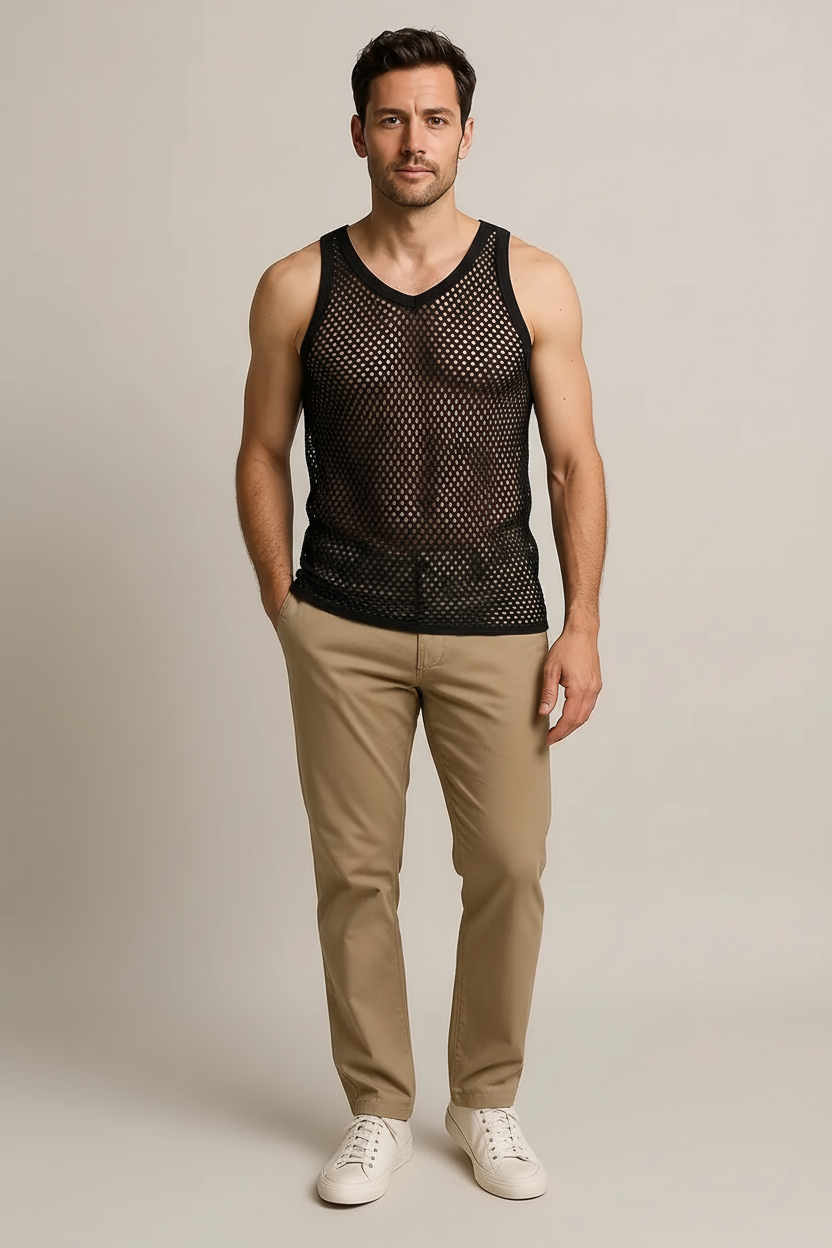 Black String Vest. Classic Cotton Mesh String Vests. Muscle Vest in Black, Fishnet Gym Workout tops.