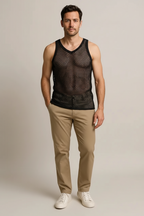 Black String Vest. Classic Cotton Mesh String Vests. Muscle Vest in Black, Fishnet Gym Workout tops.