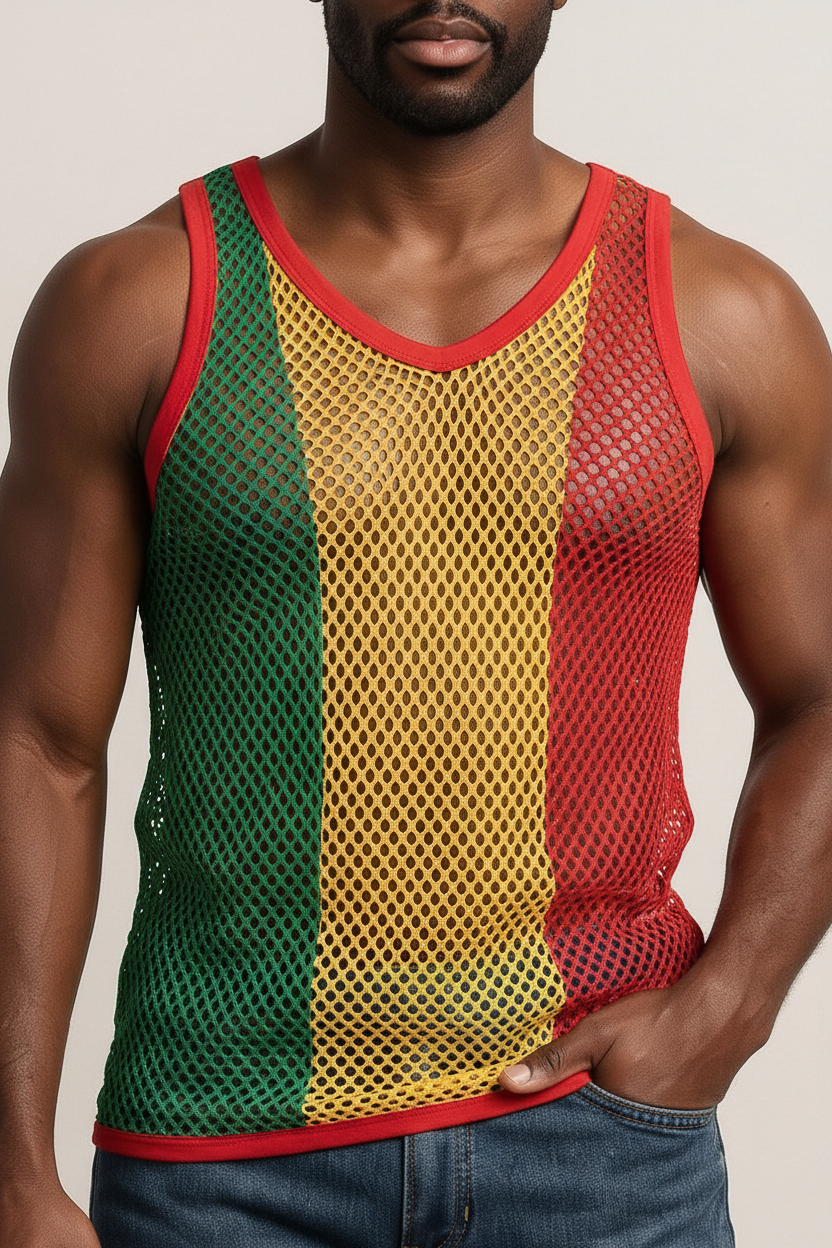 Rasta-2 String Vest: Jamaican Mesh Marina, Reggae Clothing, Sleeveless Tank Top, Rastafarian Style, Perfect Jamaica Shirt for Men, Caribbean-Inspired Rasta Man Costume