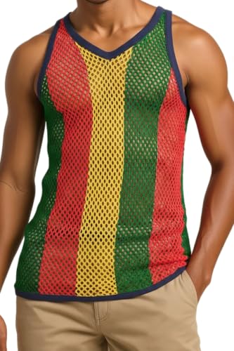 SV-US-RASTA-3-BLKTRIM Rasta String Vest & Rasta Mesh Tank Top in Sheer Mens Fishnet Shirt Gym Workout Tops for Men & Women Jamaican Mesh Marina