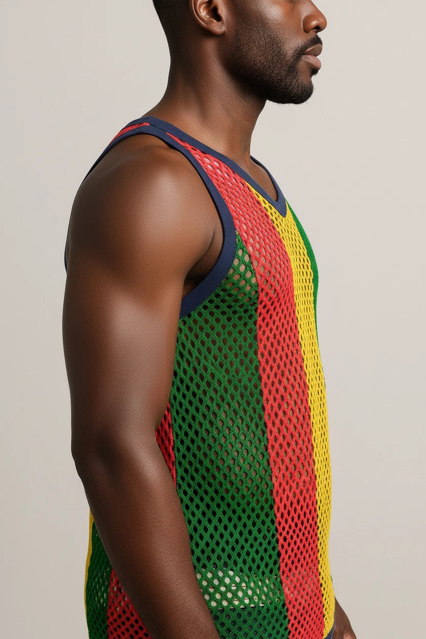 Rasta-3 Rasta String Vest Mesh Mens Crochet Cotton Gym Vests Training Tank Top FishNet
