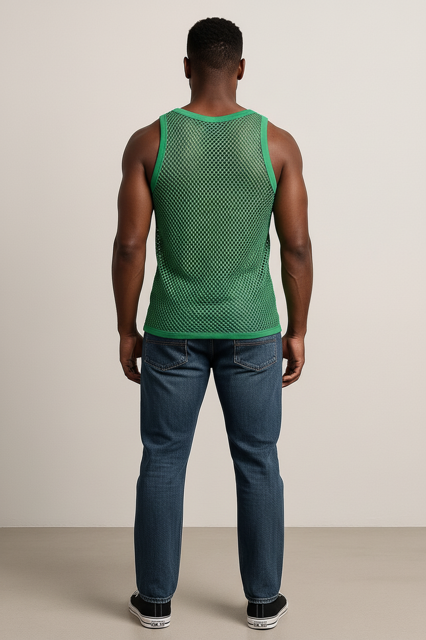 Green String Vest. Classic Cotton Mesh String Vests. Muscle Vest in Green, Fishnet Gym Workout tops.