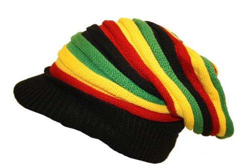 Rasta Striped Slouch Beanie Cap with Peak - Black Red Yellow Green