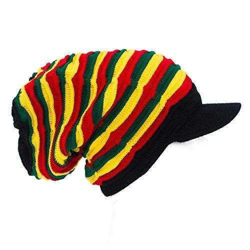 Rasta Striped Slouch Beanie Cap with Peak - Black Red Yellow Green