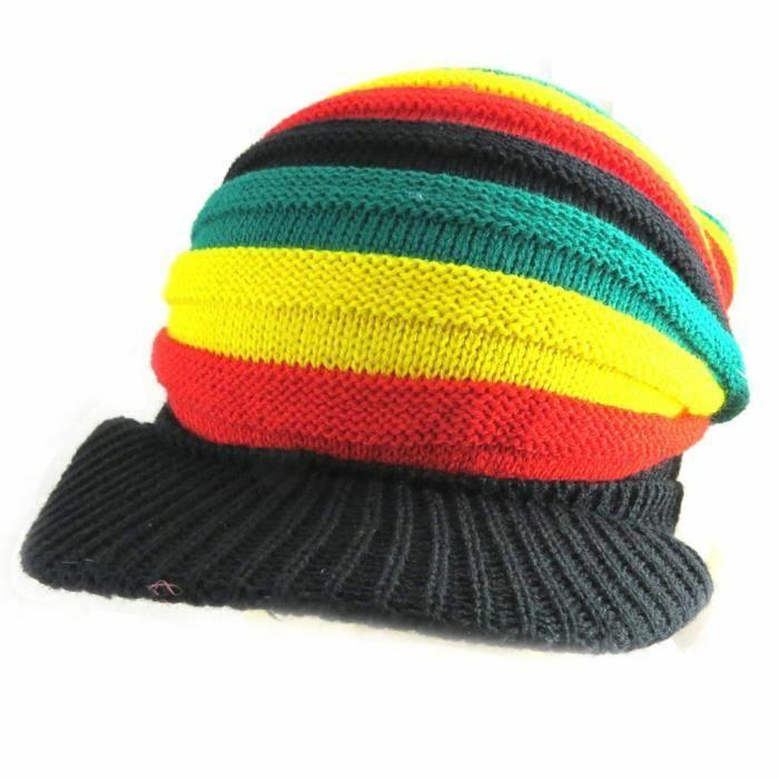 Rasta Striped Slouch Beanie Cap with Peak - Black Red Yellow Green