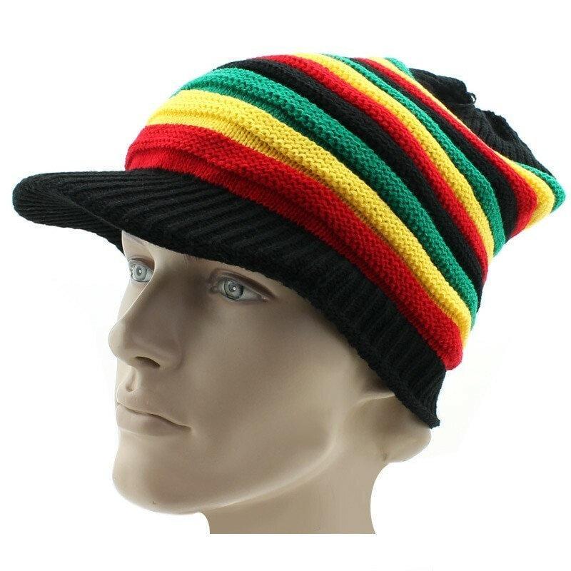 Rasta Striped Slouch Beanie Cap with Peak - Black Red Yellow Green