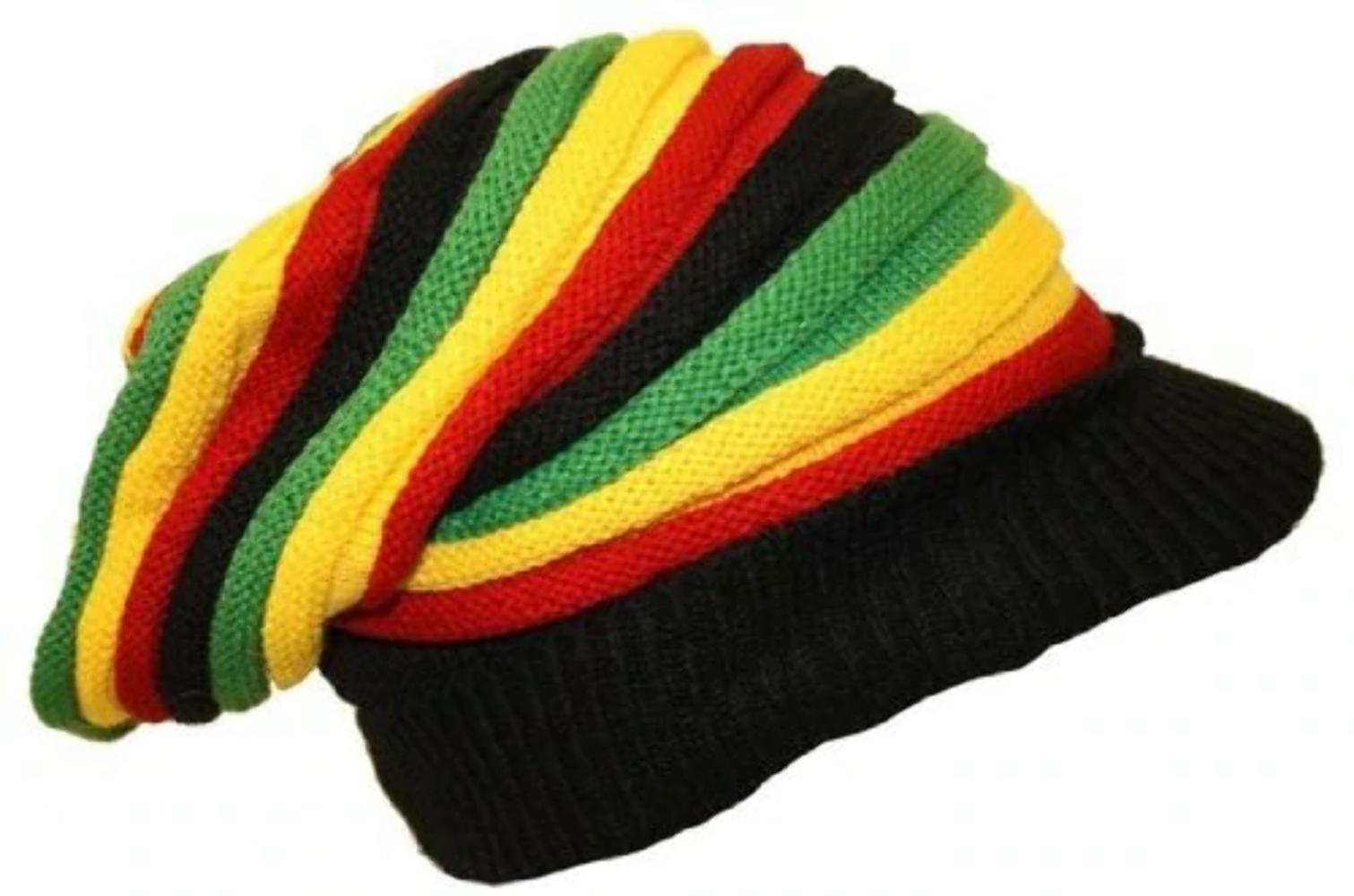 Rasta Striped Slouch Beanie Cap with Peak - Black Red Yellow Green