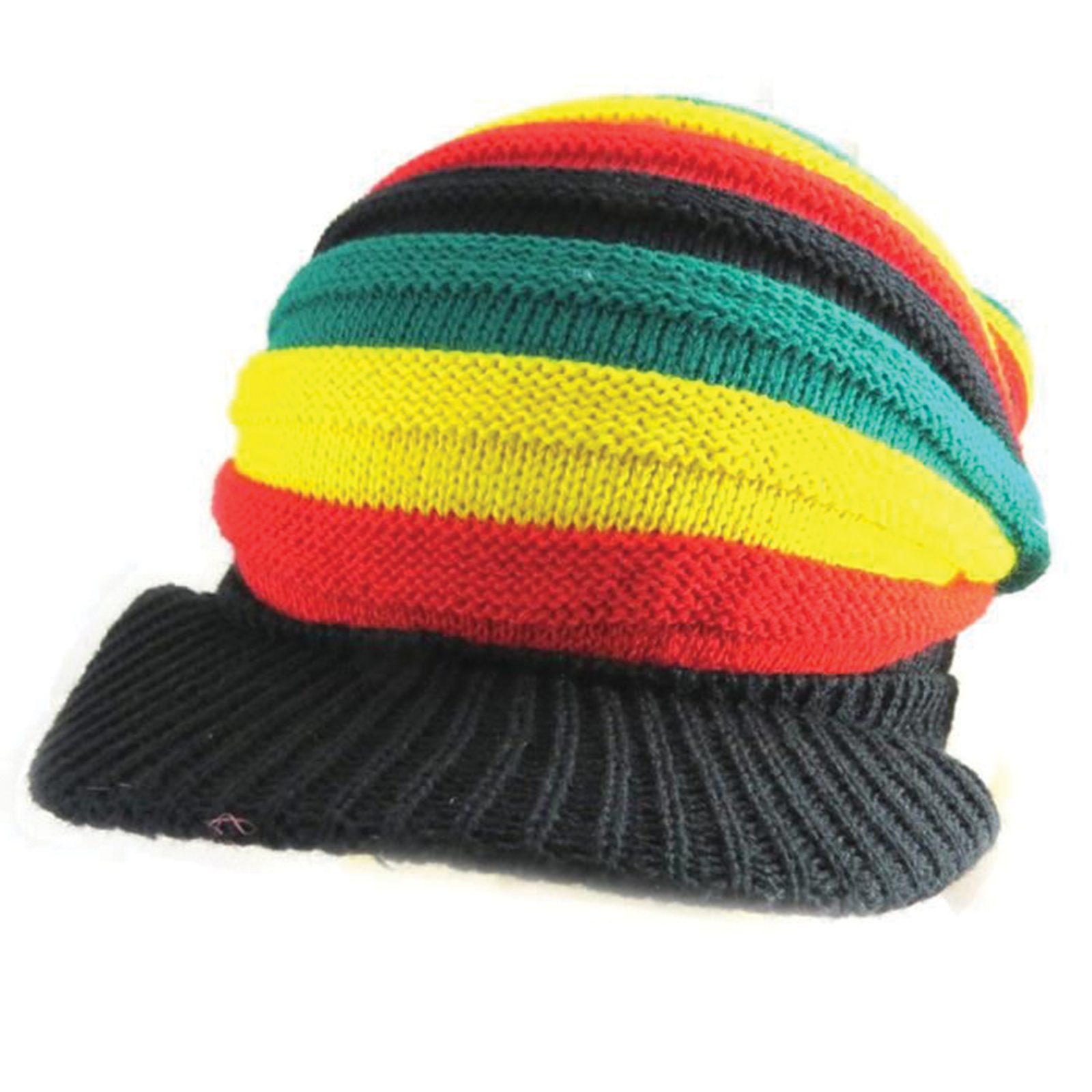 Rasta Striped Slouch Beanie Cap with Peak - Black Red Yellow Green