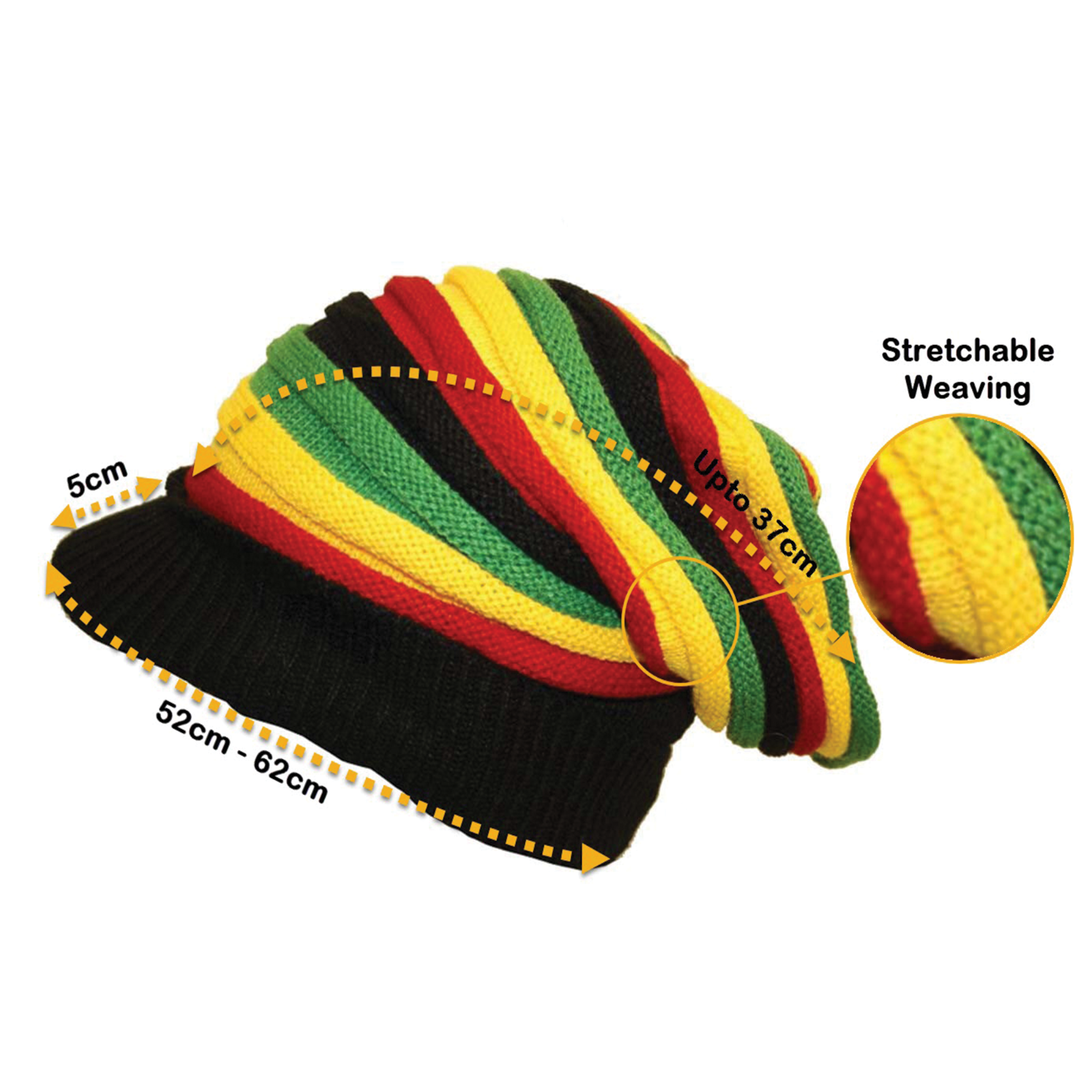 Rasta Striped Slouch Beanie Cap with Peak - Black Red Yellow Green