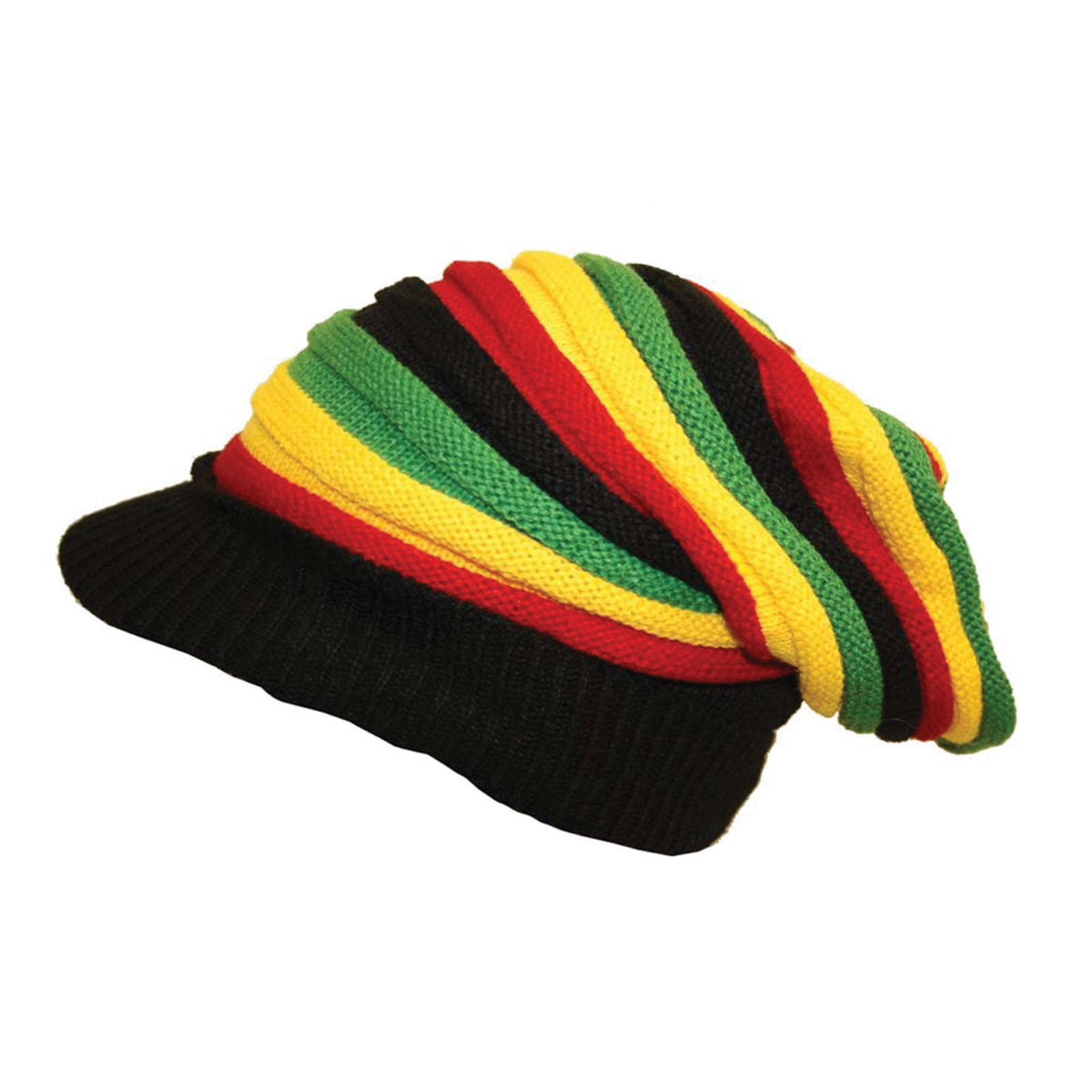 Rasta Striped Slouch Beanie Cap with Peak - Black Red Yellow Green