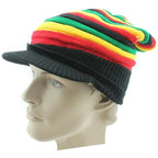 Rasta Striped Slouch Beanie Cap with Peak - Black Red Yellow Green