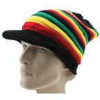 Rasta Striped Slouch Beanie Cap with Peak - Black Red Yellow Green