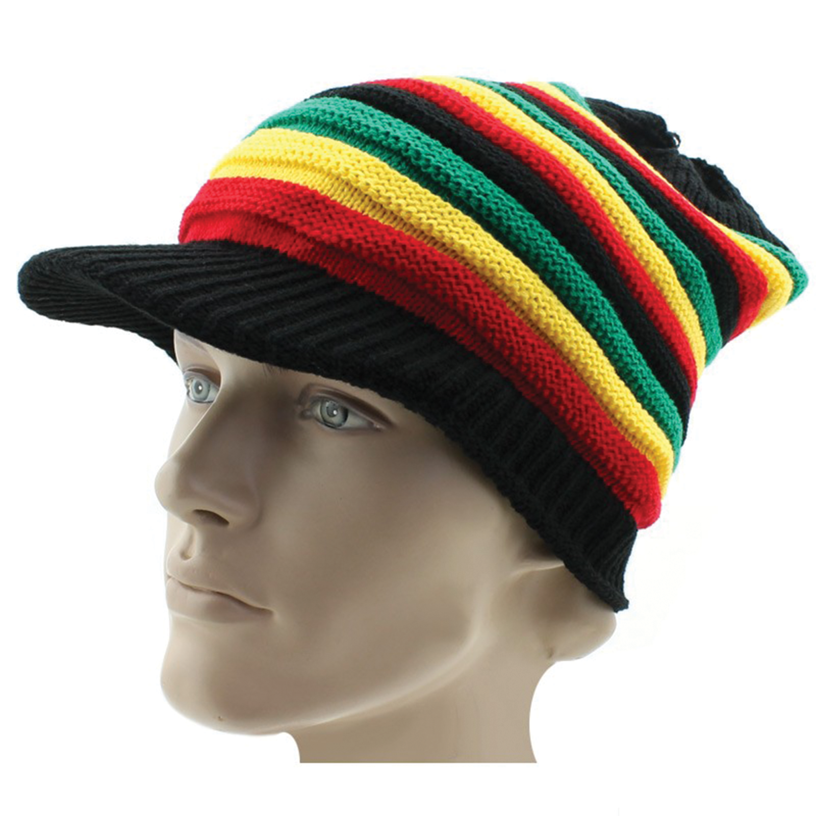Rasta Striped Slouch Beanie Cap with Peak - Black Red Yellow Green