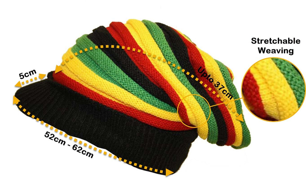 Rasta Striped Slouch Beanie Cap with Peak - Black Red Yellow Green