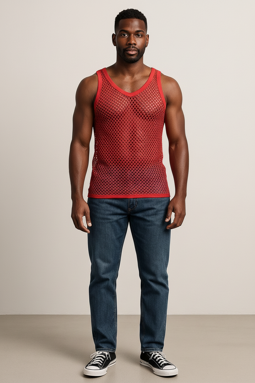 Red String Vest. Classic Cotton Mesh String Vests. Muscle Vest in Red, Fishnet Gym Workout tops.