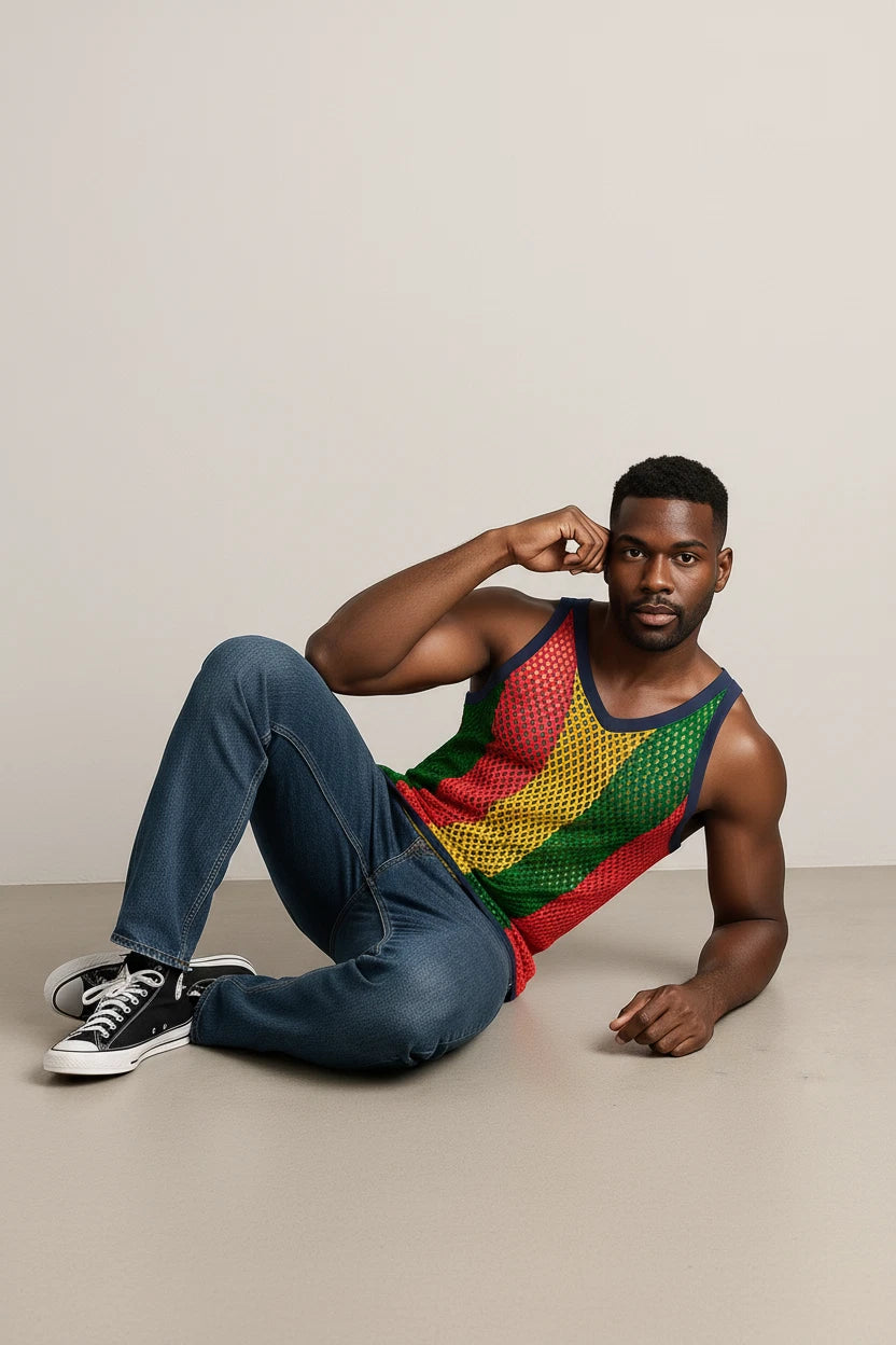 Rasta-3 Rasta String Vest Mesh Mens Crochet Cotton Gym Vests Training Tank Top FishNet