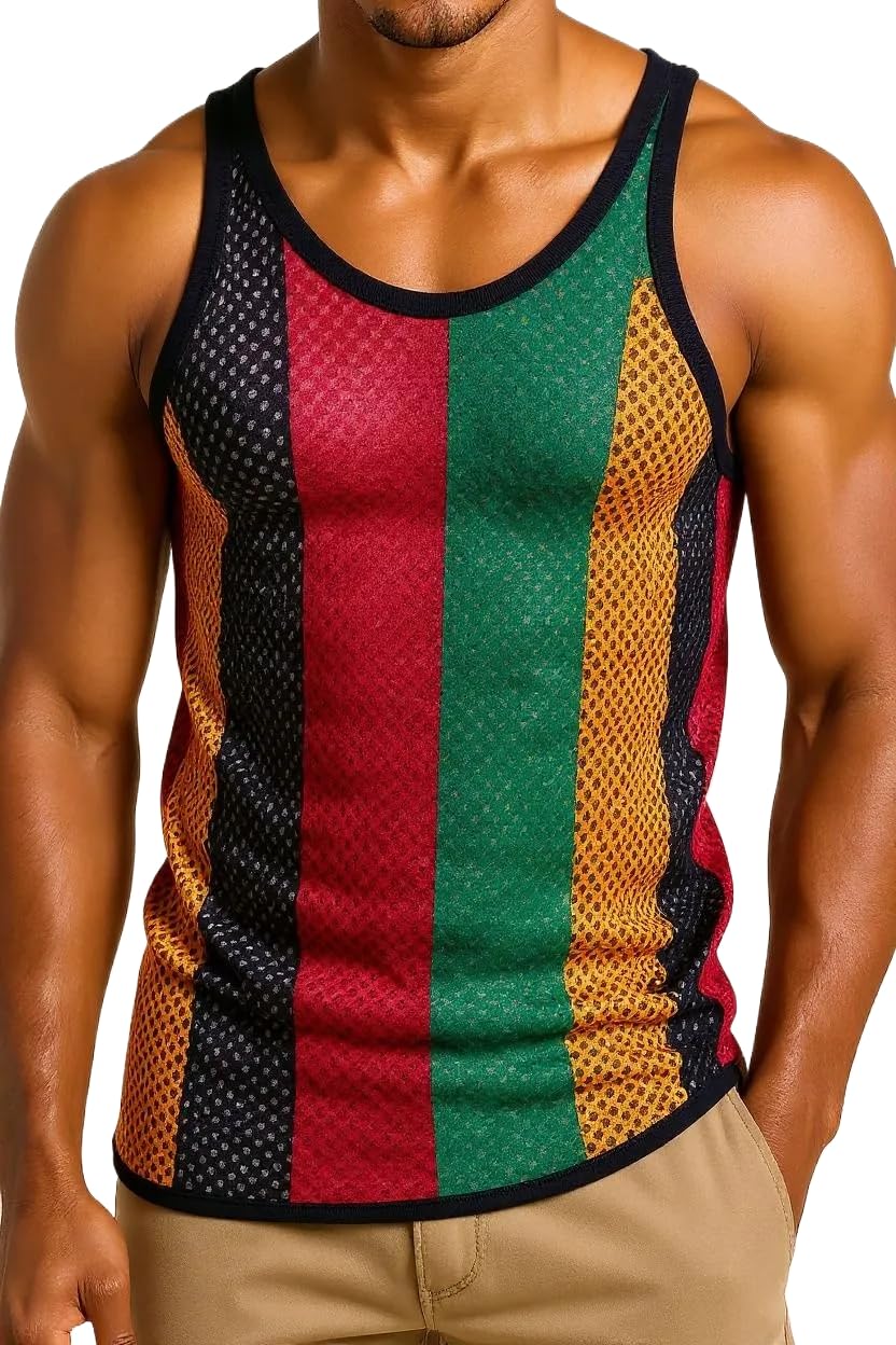 Rasta Mesh Marina String Vest With Rasta Color Stripes And Black Trim