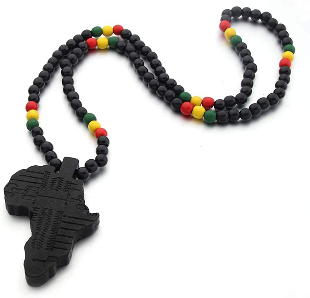 CRAZY LIZARD Rasta Africa Pendant on a 28 Inch beaded necklace with African Colors and Rasta Colors. Classic Cultural Africa Pendant for Hip Hop Reggae and Cultural events.