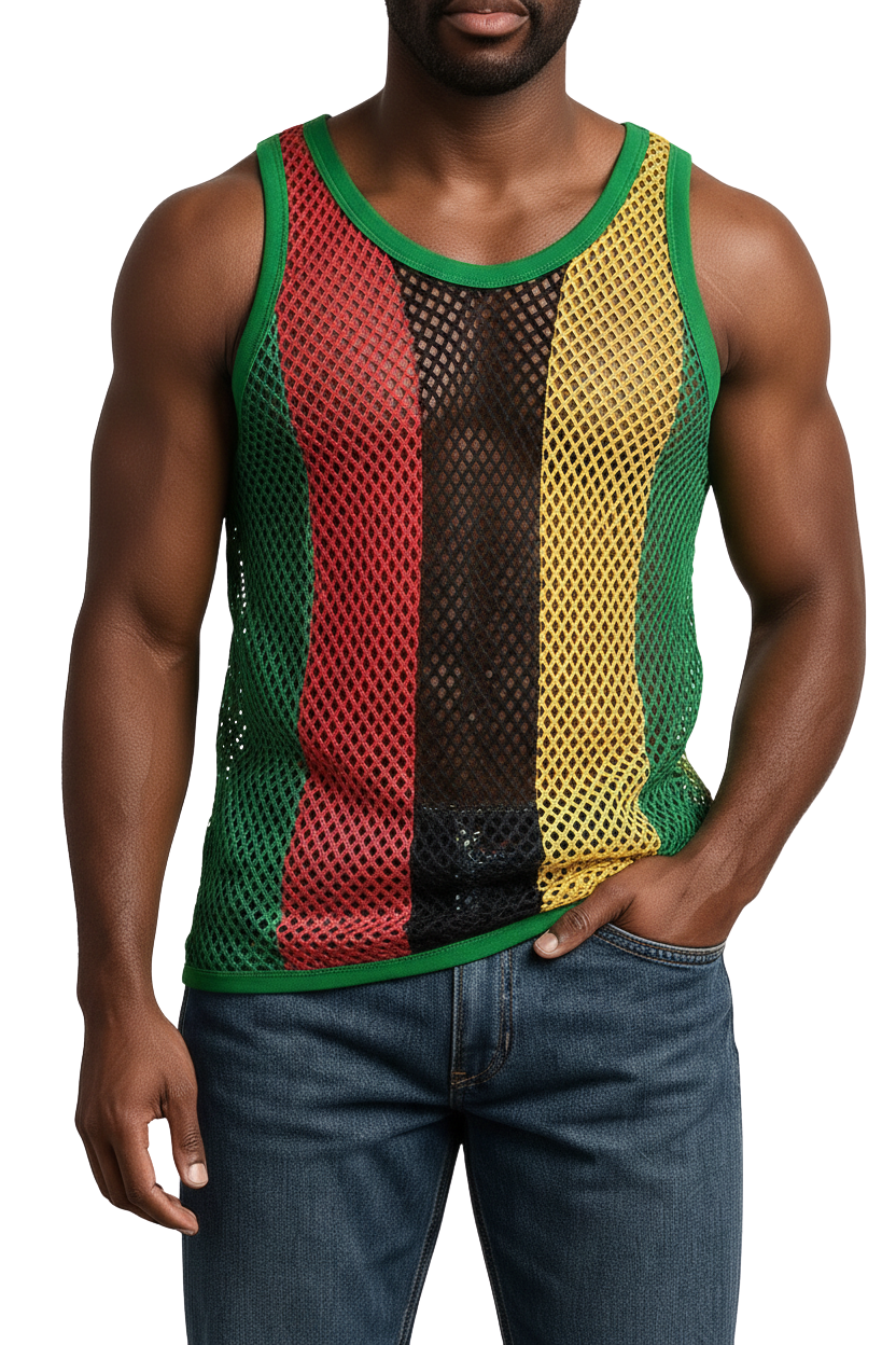 Rasta String Vest in Muscle Vests Reggae Fishnet Vests for Men With Green Trim