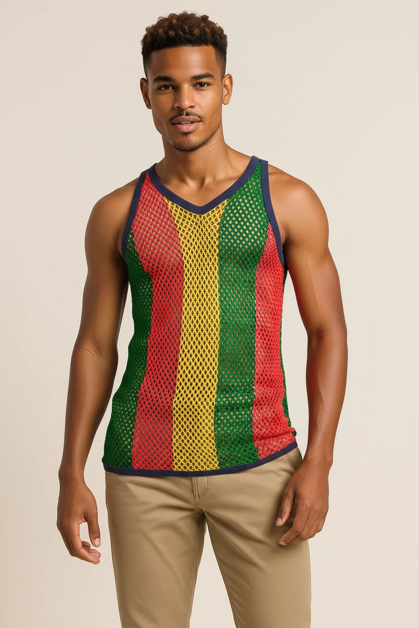 Rasta-3 Rasta String Vest Mesh Mens Crochet Cotton Gym Vests Training Tank Top FishNet