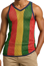 SV-US-RASTA-3-BLKTRIM Rasta String Vest & Rasta Mesh Tank Top in Sheer Mens Fishnet Shirt Gym Workout Tops for Men & Women Jamaican Mesh Marina