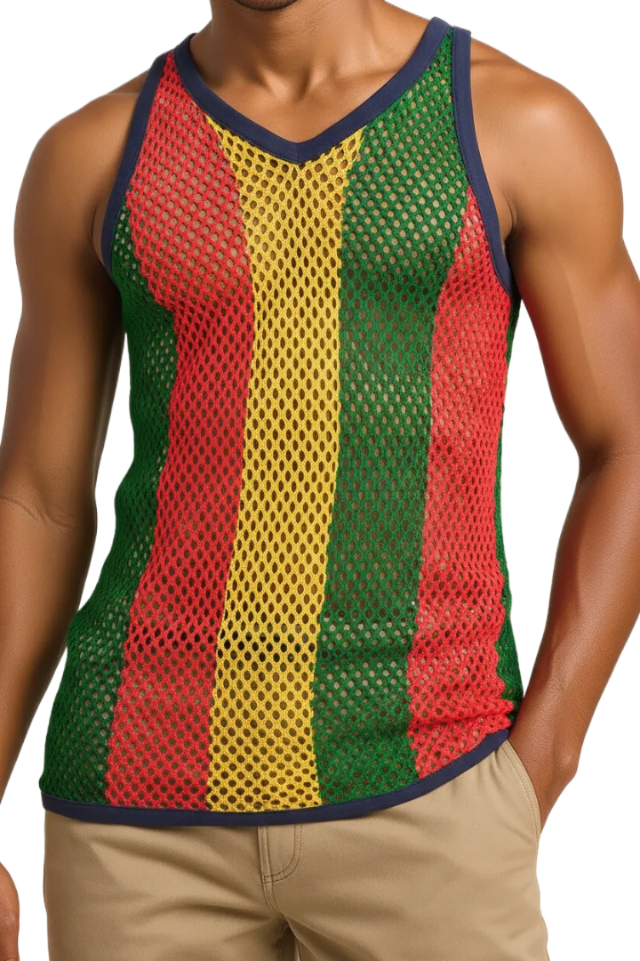 SV-US-RASTA-3-BLKTRIM Rasta String Vest & Rasta Mesh Tank Top in Sheer Mens Fishnet Shirt Gym Workout Tops for Men & Women Jamaican Mesh Marina