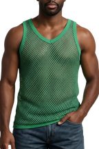 Green String Vest. Classic Cotton Mesh String Vests. Muscle Vest in Green, Fishnet Gym Workout tops.