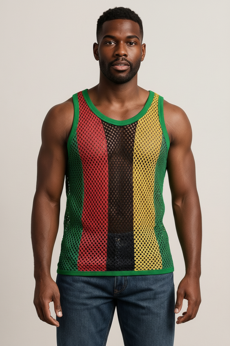 Rasta String Vest in Muscle Vests Reggae Fishnet Vests for Men With Green Trim