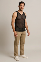 Black String Vest. Classic Cotton Mesh String Vests. Muscle Vest in Black, Fishnet Gym Workout tops.