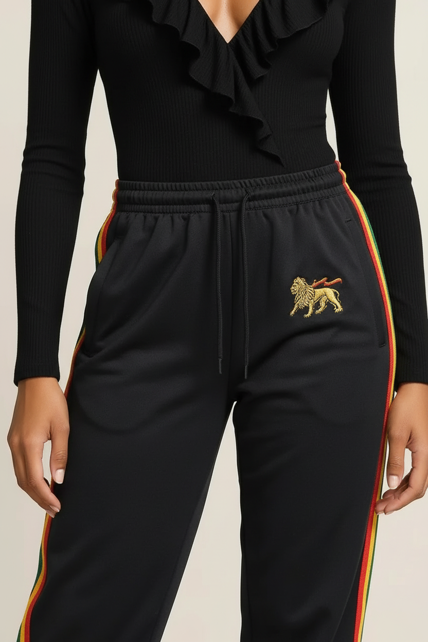 CRAZY Lizard Rasta Reggae Zip Hoodie in Rasta Stripes and Ethiopian Lion Embroidery. Black Hoodie with Stripes Reggae