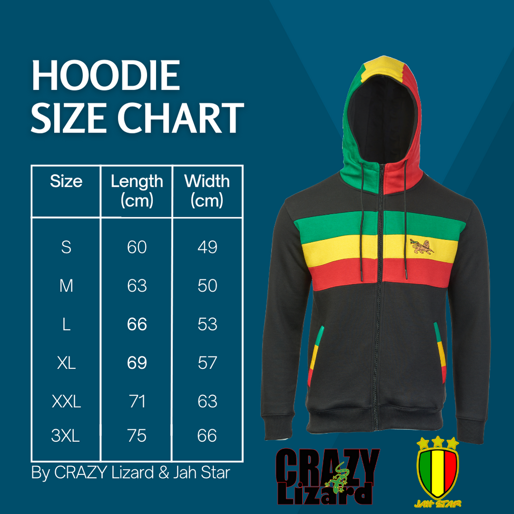 Rasta Reggae Zip Hoodie in Rastafarian Stripes and Etiopian Lion Embroidery. Black Hoodie with Stripes Reggae Colors