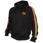 Rasta Reggae Zip Hoodie in Rastafarian Stripes and Etiopian Lion Embroidery. Black Hoodie with Stripes Reggae Colors