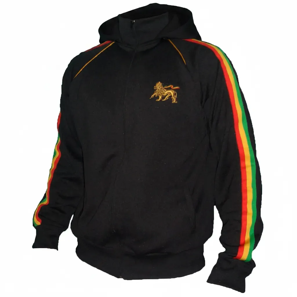 Rasta Reggae Zip Hoodie in Rastafarian Stripes and Etiopian Lion Embroidery. Black Hoodie with Stripes Reggae Colors