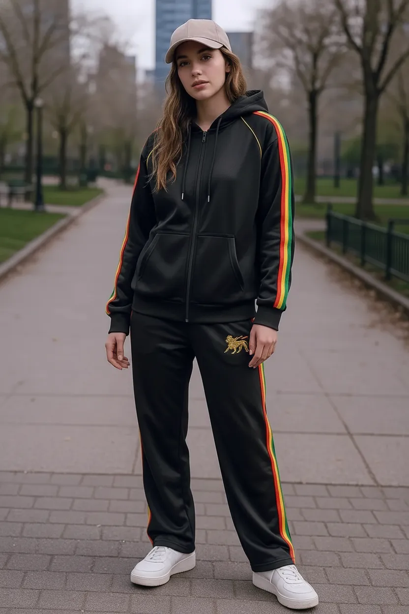 Rasta Reggae Zip Hoodie in Rastafarian Stripes and Etiopian Lion Embroidery. Black Hoodie with Stripes Reggae Colors