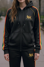 Rasta Reggae Zip Hoodie in Rastafarian Stripes and Etiopian Lion Embroidery. Black Hoodie with Stripes Reggae Colors
