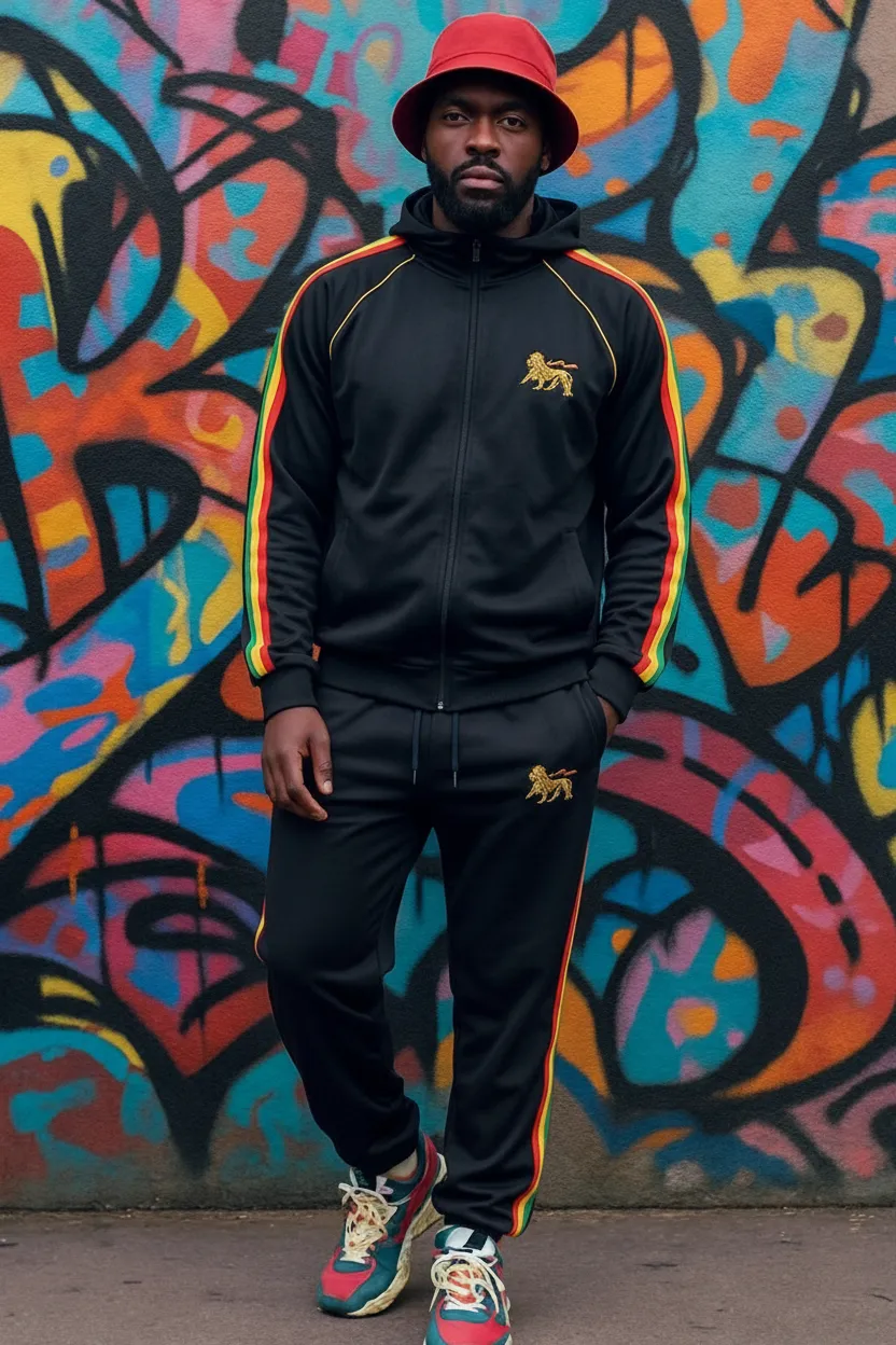 Rasta Reggae Zip Hoodie in Rastafarian Stripes and Etiopian Lion Embroidery. Black Hoodie with Stripes Reggae Colors