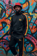 Rasta Reggae Zip Hoodie in Rastafarian Stripes and Etiopian Lion Embroidery. Black Hoodie with Stripes Reggae Colors