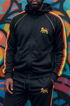 Rasta Reggae Zip Hoodie in Rastafarian Stripes and Etiopian Lion Embroidery. Black Hoodie with Stripes Reggae Colors
