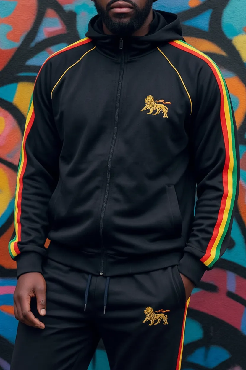 Rasta Reggae Zip Hoodie in Rastafarian Stripes and Etiopian Lion Embroidery. Black Hoodie with Stripes Reggae Colors