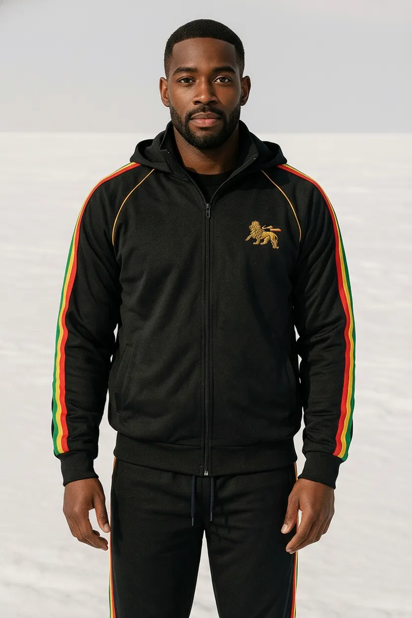 Rasta Reggae Zip Hoodie in Rastafarian Stripes and Etiopian Lion Embroidery. Black Hoodie with Stripes Reggae Colors
