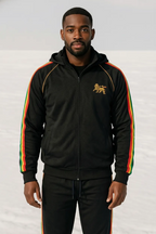 Rasta Reggae Zip Hoodie in Rastafarian Stripes and Etiopian Lion Embroidery. Black Hoodie with Stripes Reggae Colors