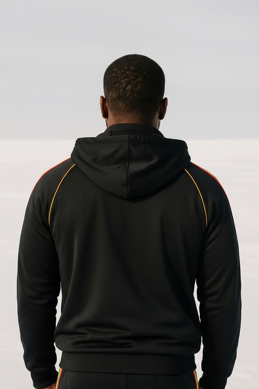 Rasta Reggae Zip Hoodie in Rastafarian Stripes and Etiopian Lion Embroidery. Black Hoodie with Stripes Reggae Colors