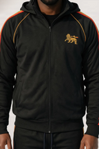 Rasta Reggae Zip Hoodie in Rastafarian Stripes and Etiopian Lion Embroidery. Black Hoodie with Stripes Reggae Colors
